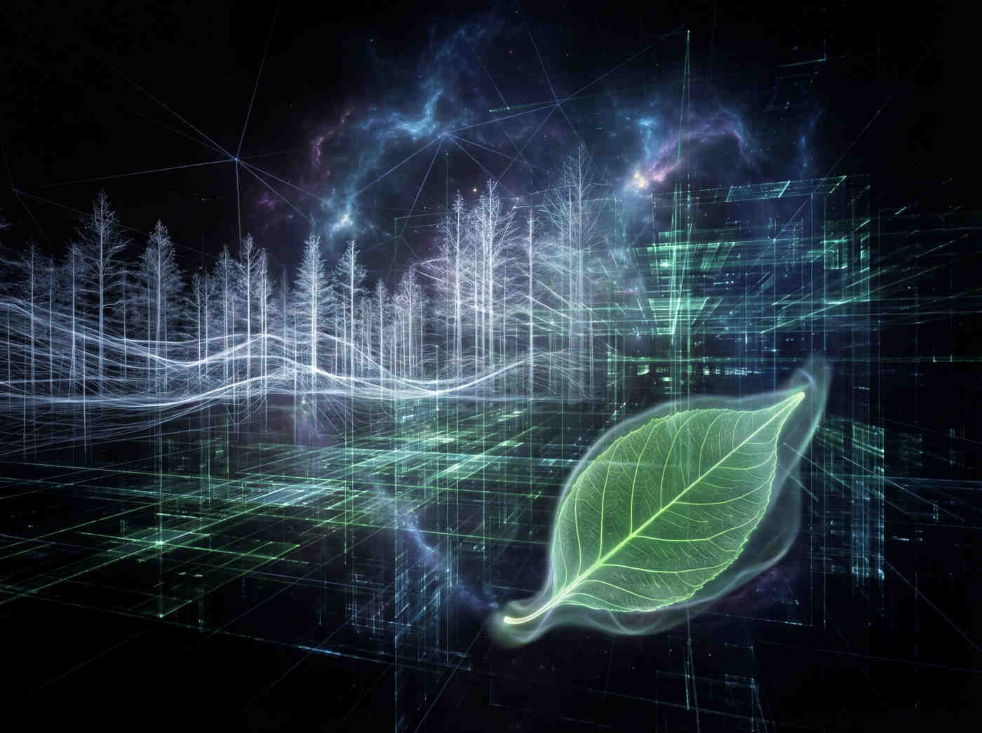 A silhouette of a forest fading away into a binary code grid, one single vibrant green leaf glowing in the center, melancholic atmosphere, digital art.