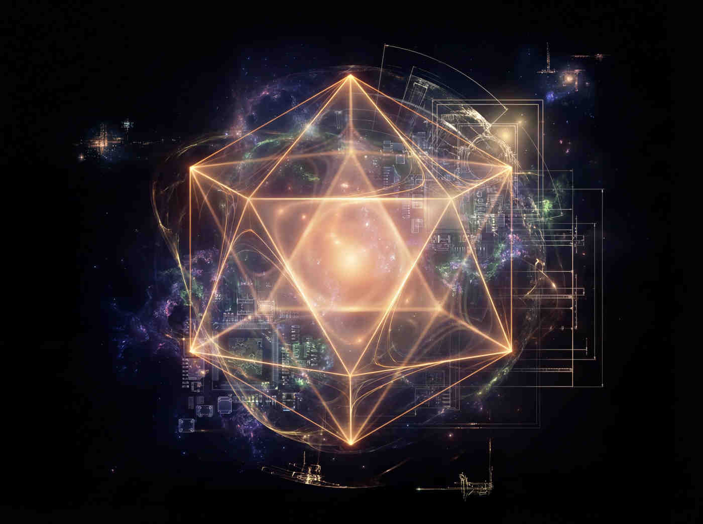 A complex geometric silicon crystal floating in void, not cold, but radiating a warm golden inner light from within, abstract sacred geometry.